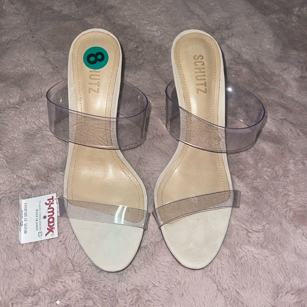 New Schutz Ariella Nude Acrylic Mid Heel Clear Double Strap Sandal Size 8